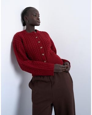 TOPSHOP Knit Cable Fitted Waist Cardigan - Red