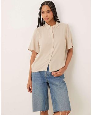 Vila Camisa Color Piedra Con Mangas Acampanadas De Tejido Efecto Lino De -Neutro - Azul