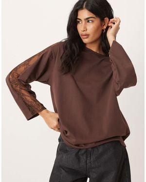 ASOS Long Sleeve Oversized Top With Lace Trim Detail - Brown