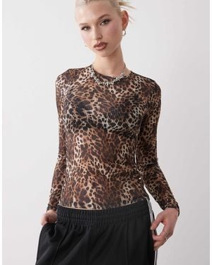 Monki Long Sleeve Sheer Ribbed Top - Brown