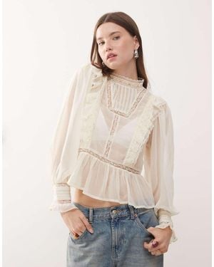 Reclaimed Vintage Sheer Tea Top With Pintucks And High Neck - Natural