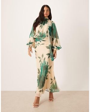 ASOS High Neck Drape Chiffon Maxi Dress With Neck Tie - Green