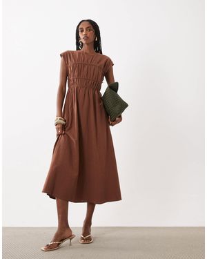 Vila Ruched Piping Detail Woven Maxi Dress - Brown