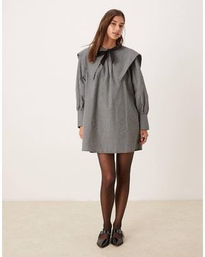 Glamorous Smock Mini Dress With Dramatic Collar And Tie - Gray