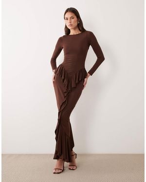 Ruched & Ready Sculpting Long Sleeve Ruffle Drape Detail Maxi Dress - Brown