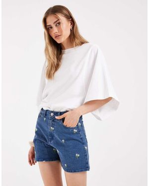 Pieces Pantalones Cortos Vaqueros Bordados Con Flores En - Blanco