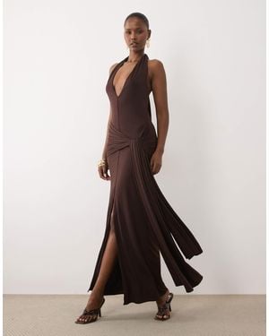 TFNC London Slinky Halterneck Plunge Maxi Dress - Brown