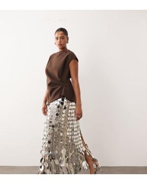 ARRANGE Curve Futurist Sequin Fringe Hem Midi Skirt - Brown