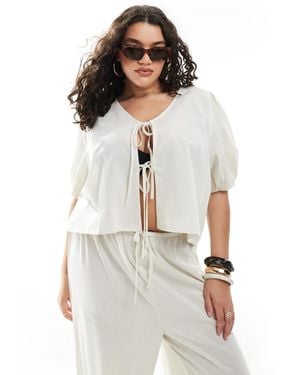 Esmee Curve Exclusive Tie Front Puff Sleeve Beach Top - White