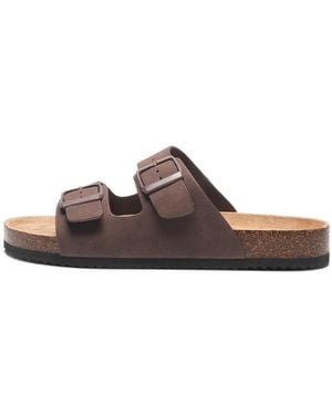 SEQWL Flat Slide Sandals With Buckle Closure - Brown