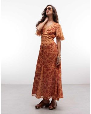 Reclaimed Vintage Midi Tea Dress With Fluttter Sleeves - Orange