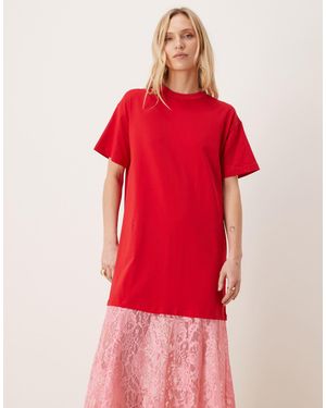 Never Fully Dressed Petite Oversized Jersey T-shirt Midi Dress With Lace Skirt - Red