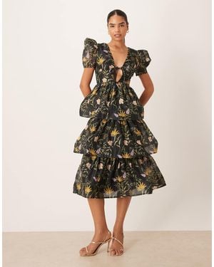 True Decadence Plunge Neck Tiered Midi Dress - Natural