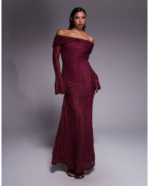 Aria Cove Pointelle Knit Bardot Flare Sleeve Maxi Dress - Purple