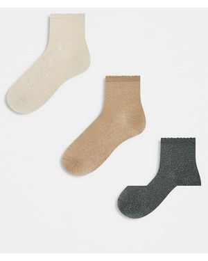 Pieces Pack De 3 Pares De Calcetines De Color Gris, Camel Y Con Ribete Festoneado De - Blanco