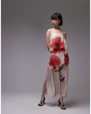 & Other Stories Sheer Chiffon Maxi Dress With Layers With Floral Placement Print - Brown