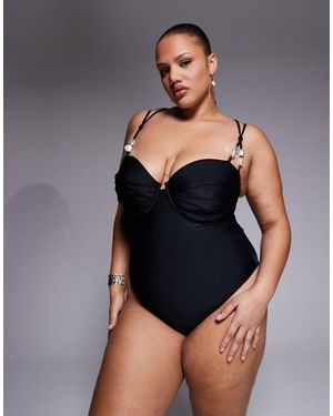 ASOS Asos Design Curve Sadie Pleat Bust Underwire Balcony Swimsuit With Pearl Detail - Blue