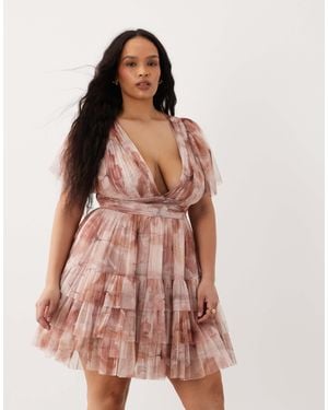 Lace & Beads Plus Tulle Plunge Neck Flutter Sleeve Tiered Mini Dress - Pink