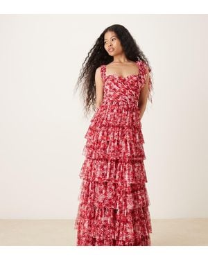 LACE & BEADS Bow Shoulder Tulle Maxi Dress - Red