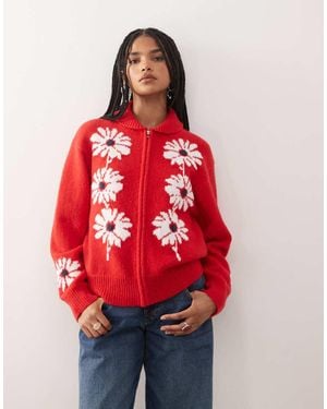 Reclaimed Vintage Knit Zip Up Cardigan With Flower Detail - Red