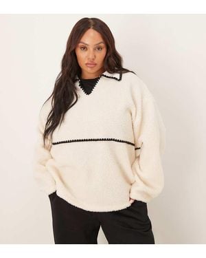 ASOS Asos Design Curve Borg Pullover Sweat With Blanket Stitch Detail - Natural