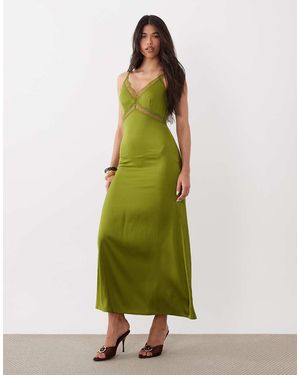 ONLY Vestido Largo Verde Oliva De Tejido Satinado Con Detalle De Encaje De