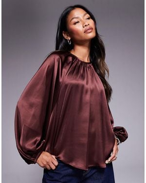 ASOS Volume Sleeve Satin Blouse - Brown