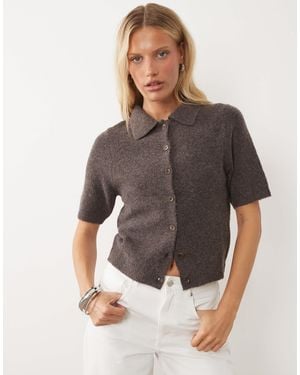 Brave Soul Short Sleeve Cardigan With Collar - Grey