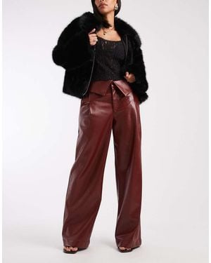 ASOS Faux Leather Wide Leg Trousers With Fold Over Waist Detailing - Red