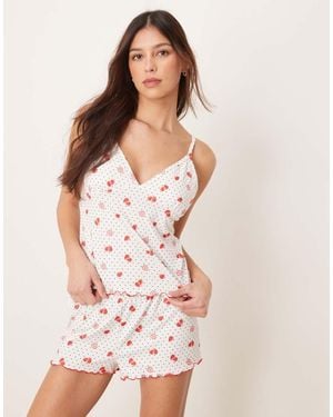 Loungeable Strawberry Polka Dot Printed Jersey Cami And Shorts Set - White
