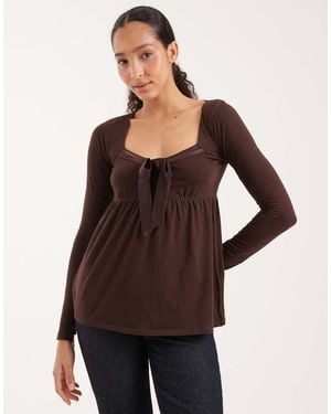 Hollister Long Sleeve Front Bow Babydoll Top - Brown