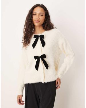 Lovedrobe Velvet Bow Eyelash Knit Cardigan - Natural