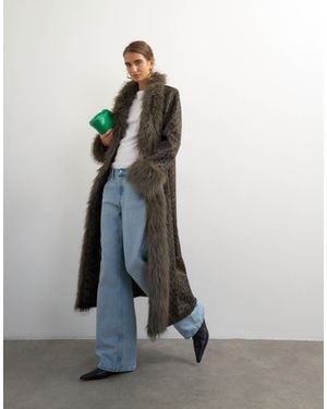 TOPSHOP Faux Fur Animal Print Longline Coat - Brown