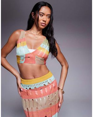 Missy Empire Beach Distressed Knit Tie Back Bralet Co-Ord - Multicolour