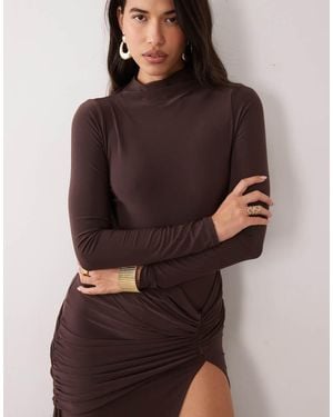 ASOS Slinky Maxi Dress With Thigh High Split - Brown