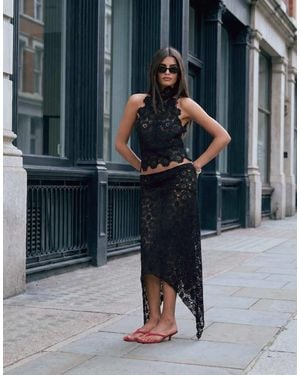 Lioness Trophy Sheer Lace Intricate Floral Detail Asymmetric Skirt Co-ord - Blue