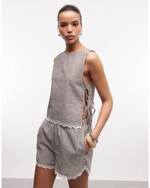 Noisy May Seersucker Tie Side Top Co-ord With Lace Trim - White