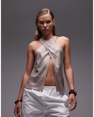 ASOS Satin Wrap Front Halter Top - Gray
