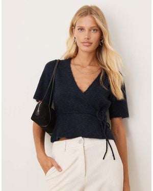 Gina Tricot Short Sleeve V Neck Knitted Wool Alpaca Wrap Tie Front Top - Blue