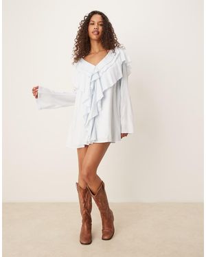 ASOS V Neck Smock Mini Dress With Ruffles - White