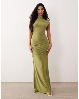 ASOS Cap Sleeve Maxi Dress With Lace Up Detail And Ruching - Green