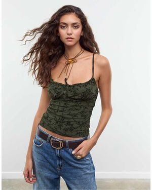 Stradivarius Top Kaki Stampato Con Spalline Sottili - Verde