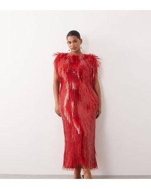 ARRANGE Curve All Over Shard Sequin Strong Shoulder Maxi Dress - Red