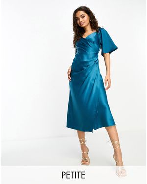 Y.A.S Petite Y.a.s Petite Bridesmaid Satin Flutter Sleeve Midi Dress - Blue