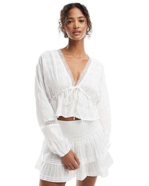 Pull&Bear Seersucker Textured Tie Detail Blouse Co-ord - White