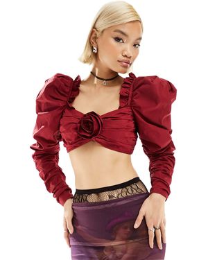 Labelrail X Dyspnea Corsage Detail Puff Sleeve Rococo Cropped Blouse - Red