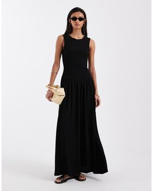 Brave Soul Drop Waist Racer Dress With Shirred Bodice - Black