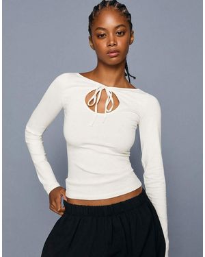 Bershka Long Sleeve T-shirt With Tie-fastening Neckline - White
