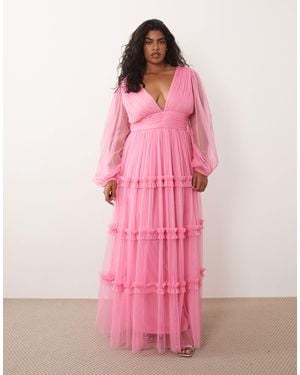 Lace & Beads Plus Tulle Plunge Neck Ruffle Tiered Maxi Dress - Pink