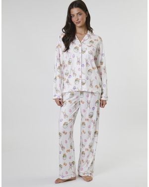 Loungeable Pijama Con Estampado De Conejos De Pantalones Y Top De Manga Larga De Punto Liso De - Blanco